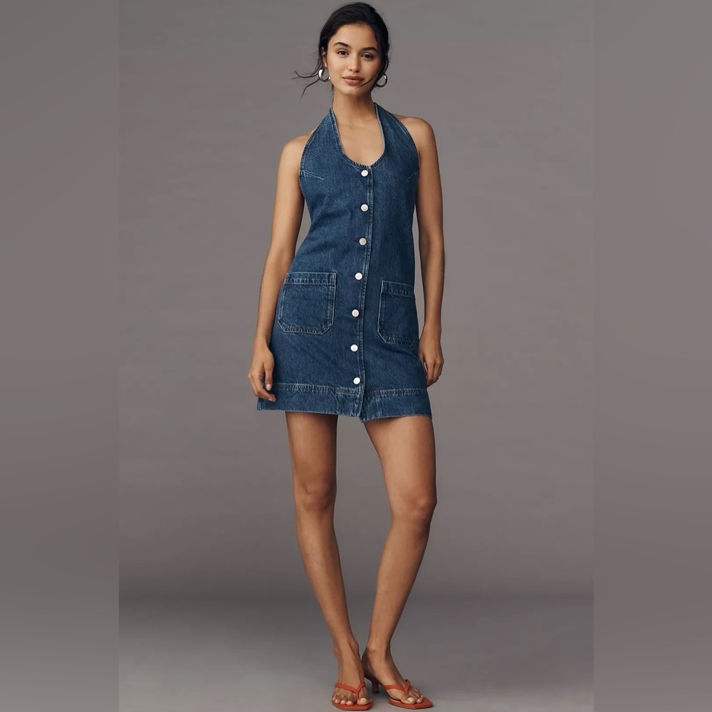 NWT Reformation Brittany Halter Denim Mini Dress - Picture 3 of 6